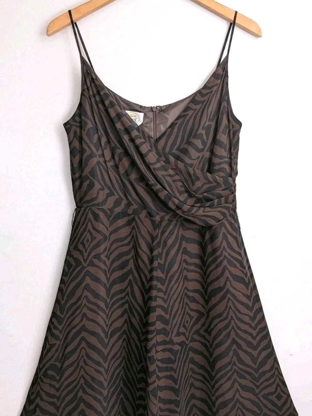 90s Talbots Pure Silk Chiffon Midi Slip Dress Zebra Print Brown 12P Strappy Vtg